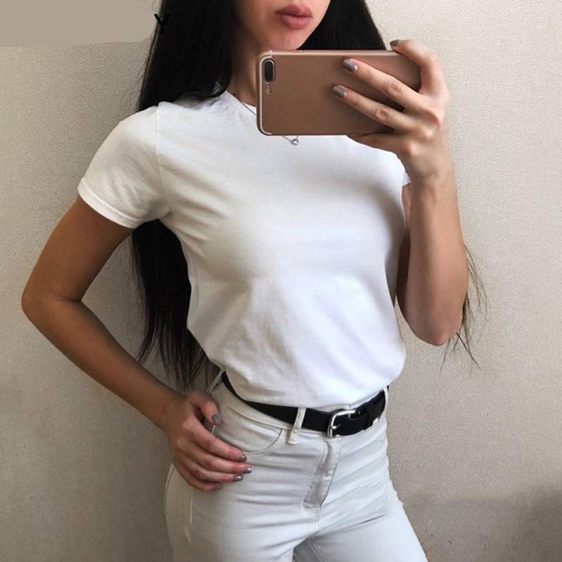 Elastic Plain Cotton T-Shirt for Women T-Shirts Tops & Tees Women's Clothing & Accessories Color : White|Black|Blue|Light Purple|Red|Yellow|Grey|Burgundy|Brown|Dark Brown|Dark Blue|Dark Green 