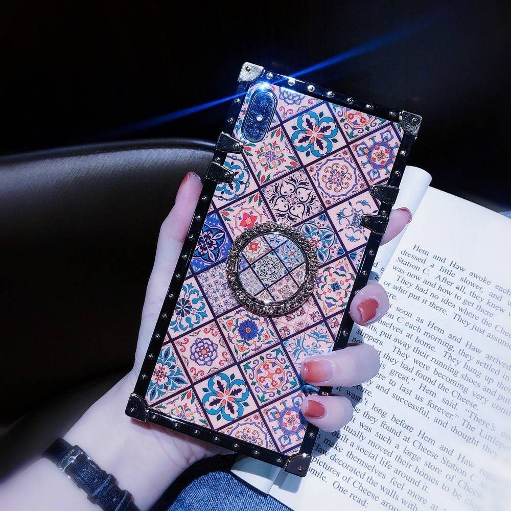 Bohemian Retro Crystal Bracket Phone Case for iPhone Phone Accessories Model: For iPhone 11|For iPhone 11 Pro|For iPhone 11 Pro Max|For iPhone Xr|For iPhone XS Max|For iPhone X XS|For iPhone 7 8 Plus|For iPhone 7 8|For iPhone 6S|For iPhone 6S Plus Color: Blue 